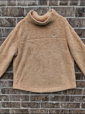 Vineyard Vines Tan Sherpa Funnel Neck Pullover with Pink Whale Logo
